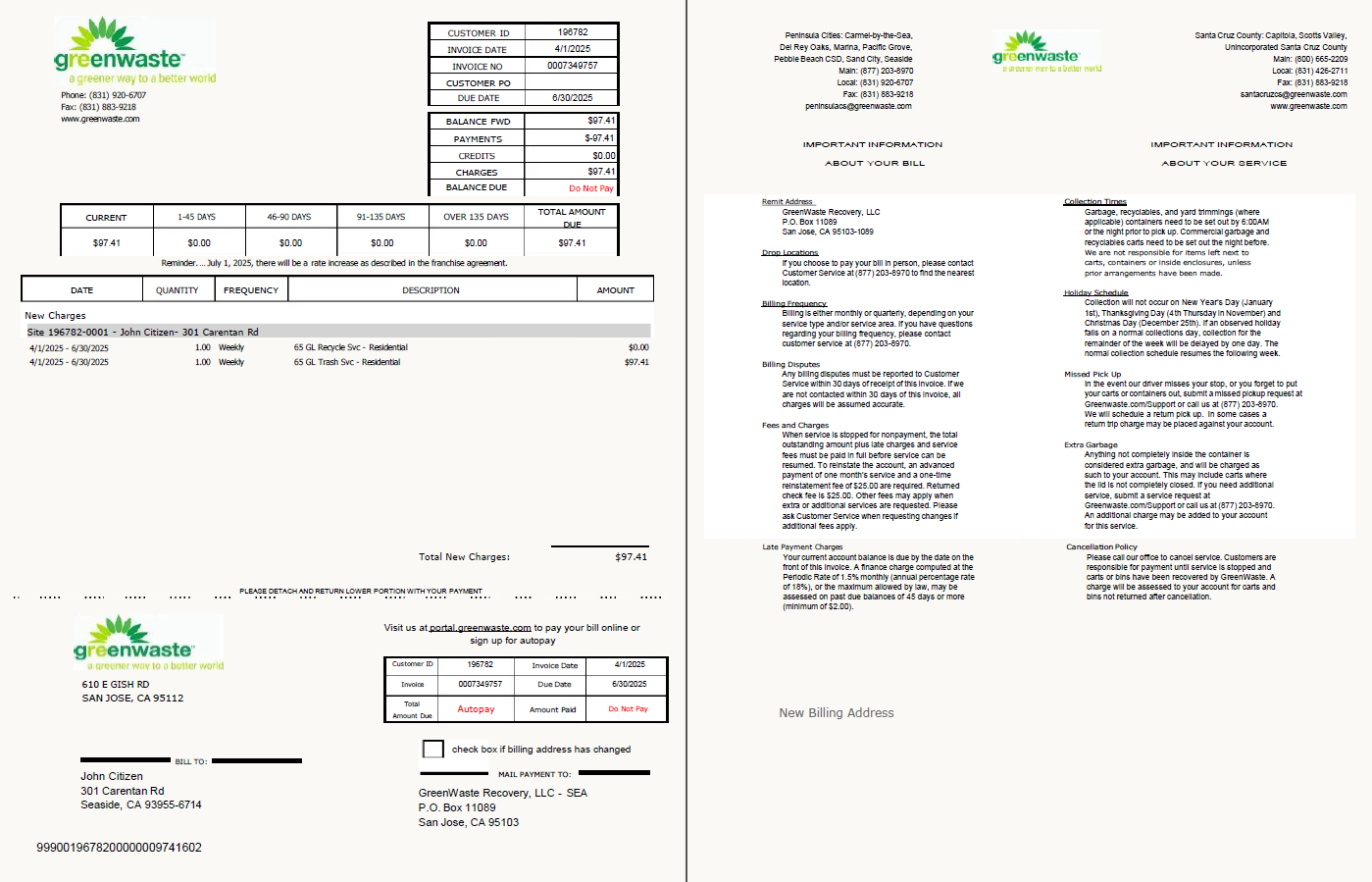 USA Green Waste utility bill template in Word and PDF formats, 2 pages
